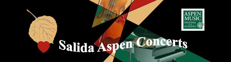 Salida Aspen Concerts poster with an aspen gold aspen leaf and red heart.