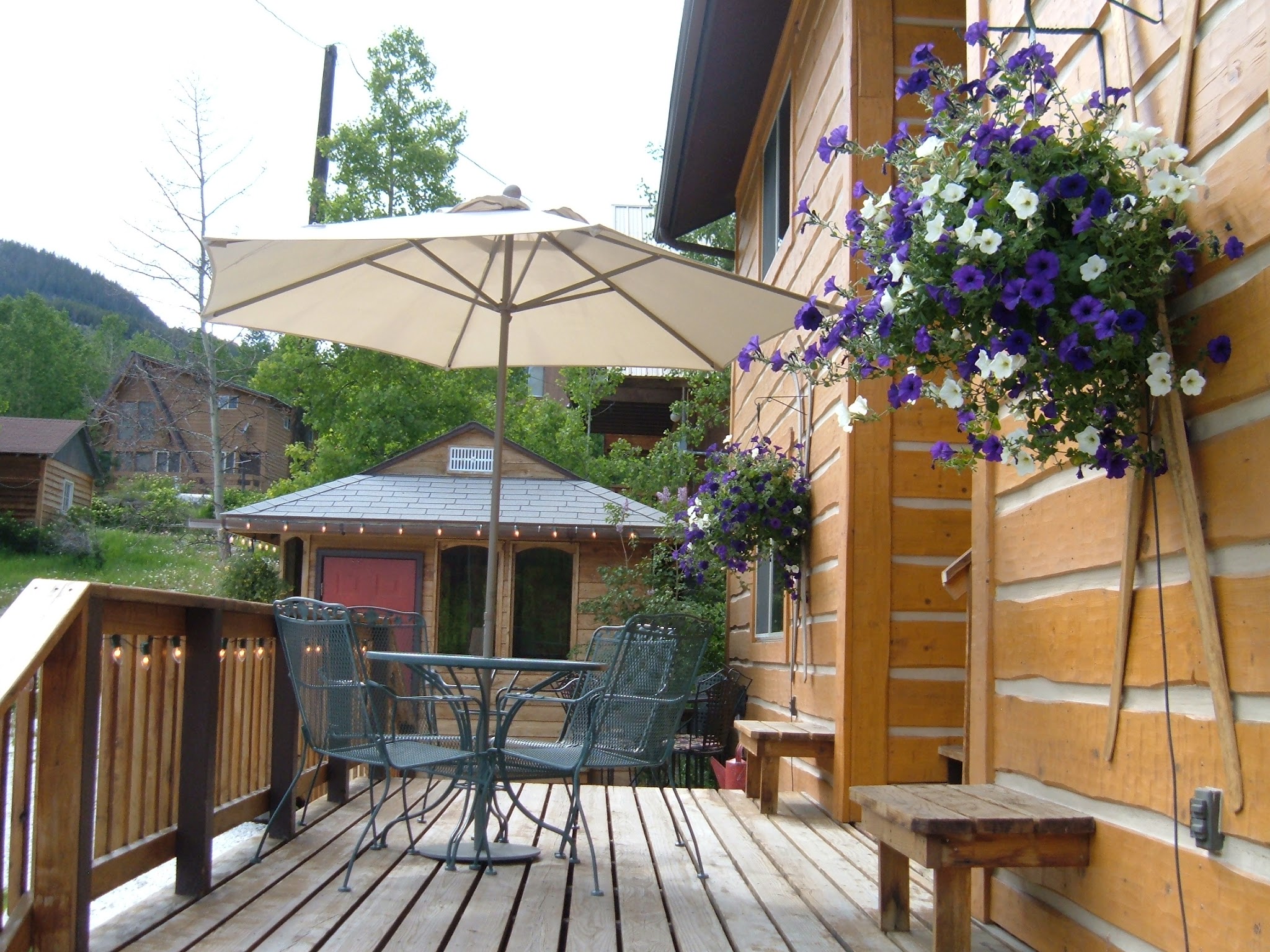 Wooded deck with two large hanging pots of purple flowers; both attached to the log sided condos with antique skis behind the the hanging flower pots.