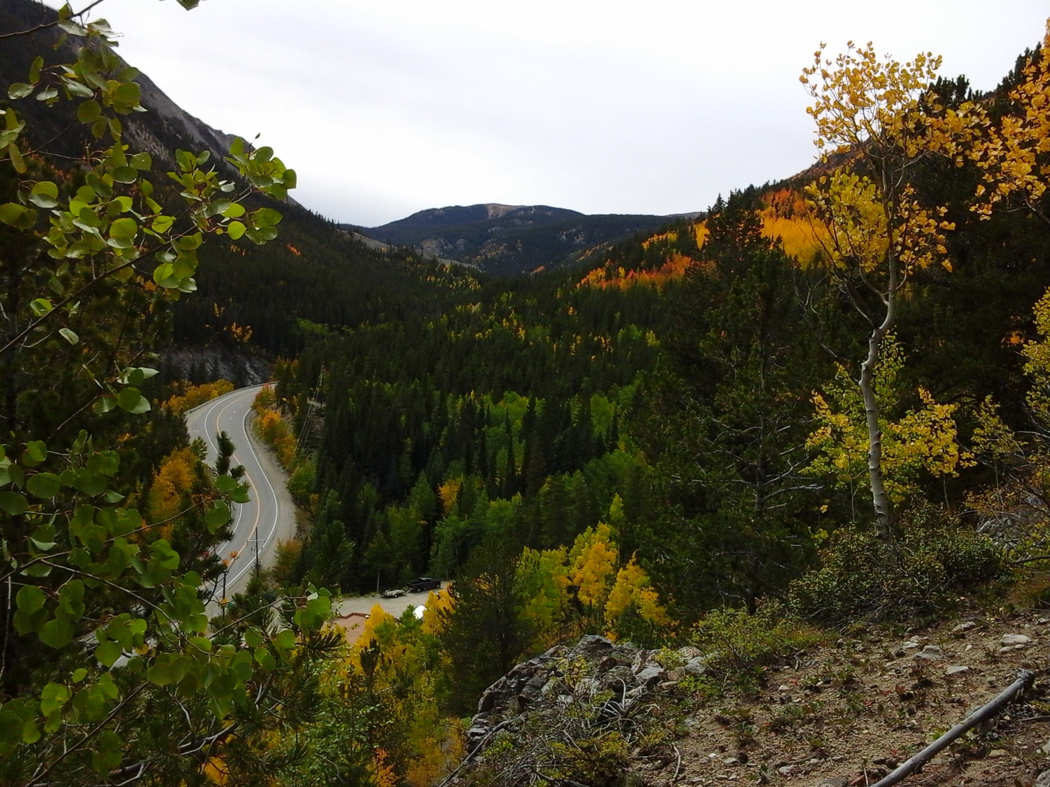 Fall colors in patches along a mountain pass.