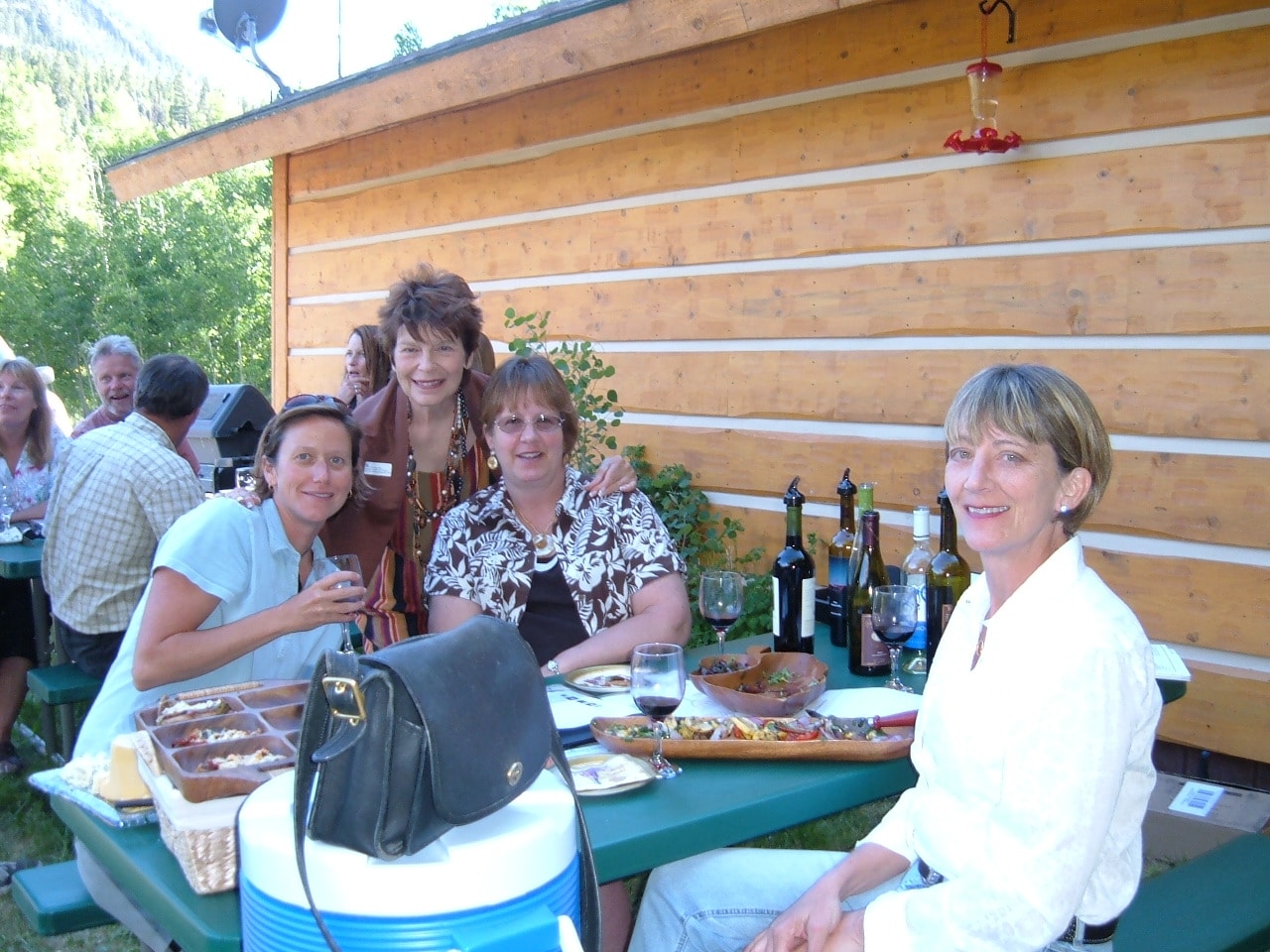 Friends gathered at a patio drinking wine on a sunny day.