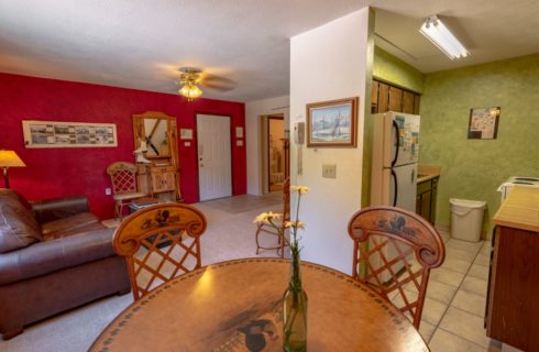 Large room with a living room with red and white walls, carpeting, brown leather sofa, kitchen with green walls, light colored tile flooring, and a dining area with wooden table and chairs