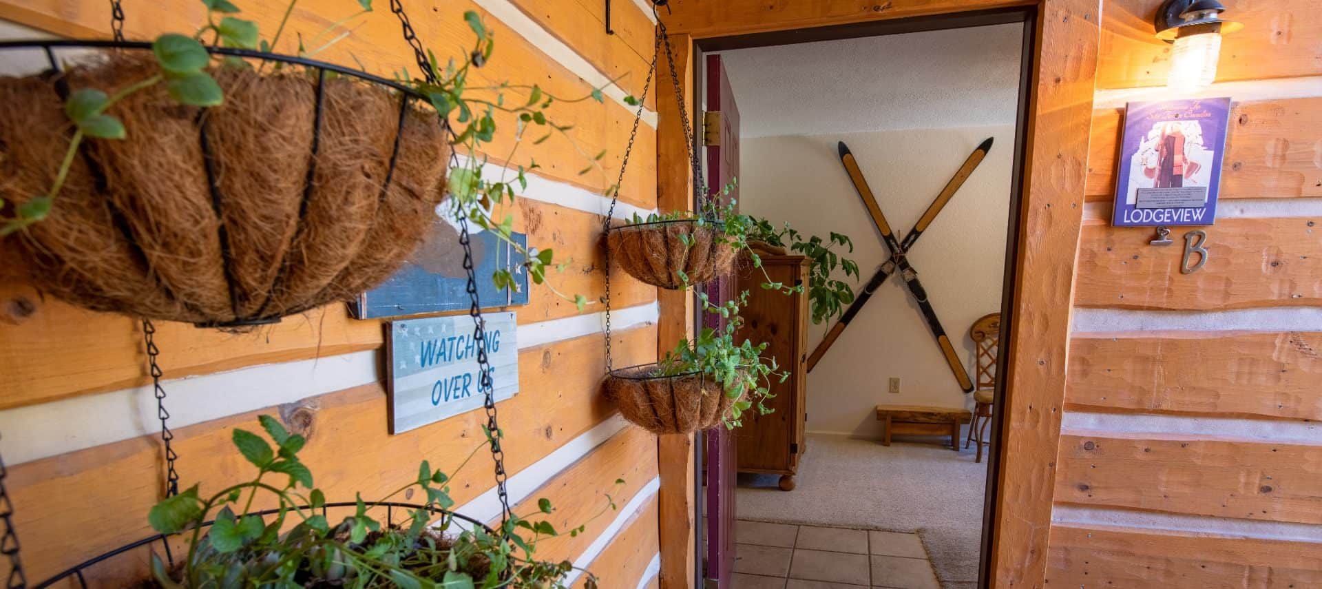 Close up view of green succulents in wrought iron hanging baskets outside of a room with open door to living room and a plaque with the Lodge view room name