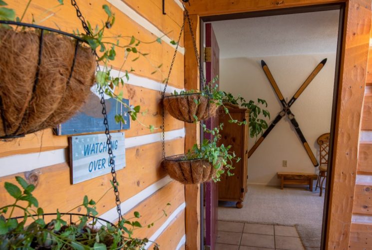 Close up view of green succulents in wrought iron hanging baskets outside of a room with open door to living room and a plaque with the Lodge view room name