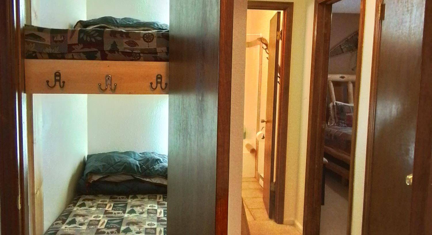 On the left, wooden bunk beds, in the middle, view into a bathroom with stand up shower, on the right, view into bedroom with brown walls, carpeting and wooden log bed